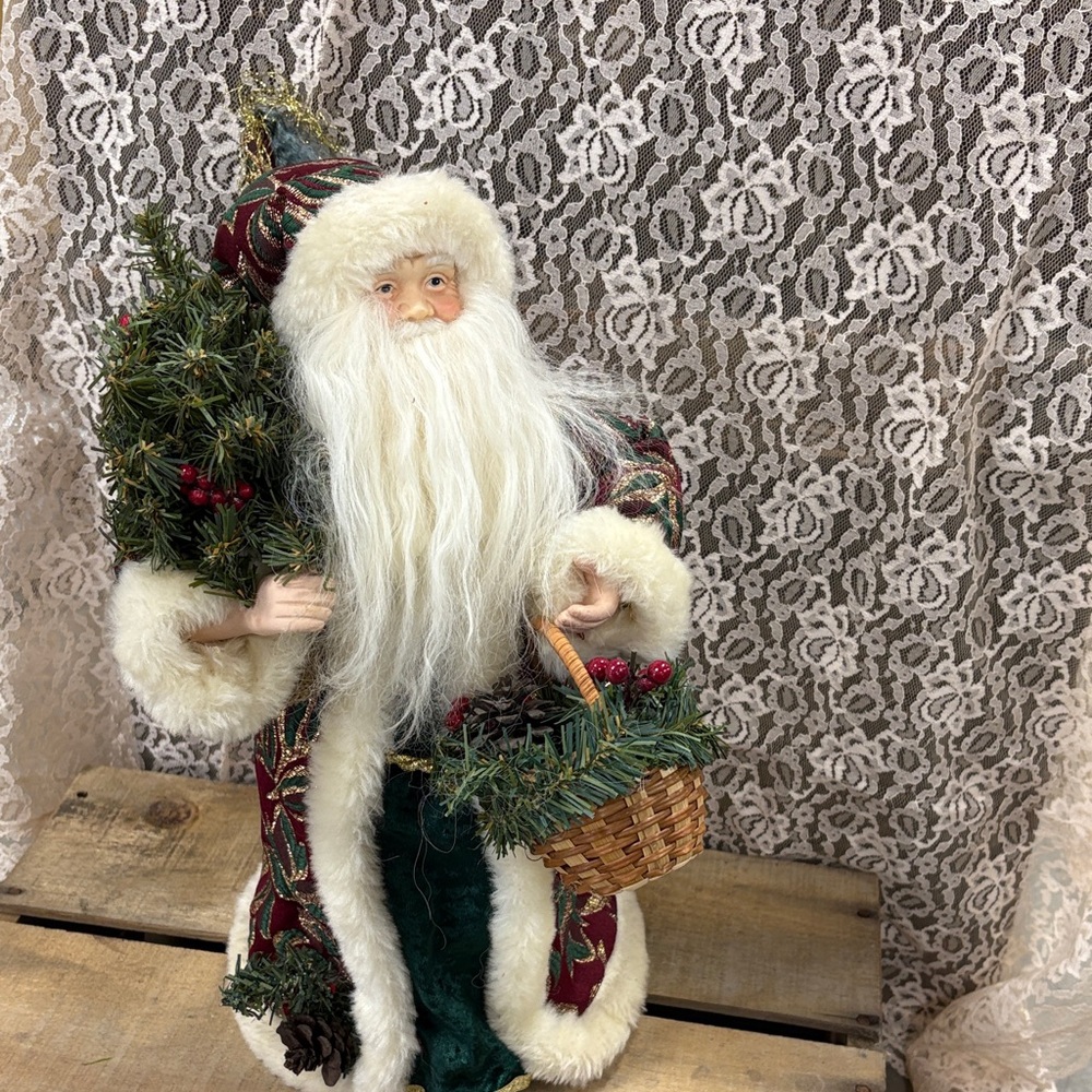 Vtg Santa Tree Topper 16” Old World Red Gold Fur Trim Christmas Xmas Basket